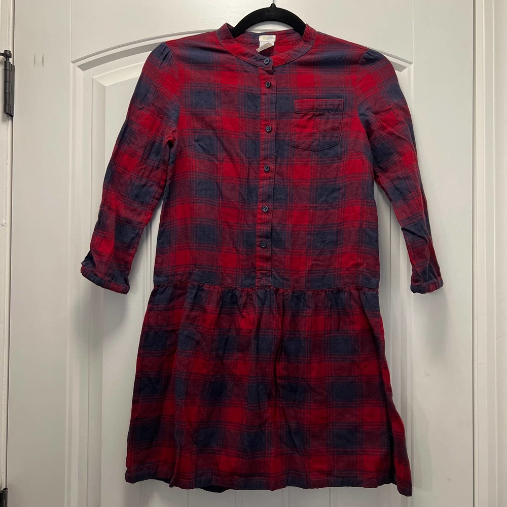 Crewcuts Youth Girls Plaid Button Front‎ Cotton Long Sleeve Dress Sz 12 Red Blue